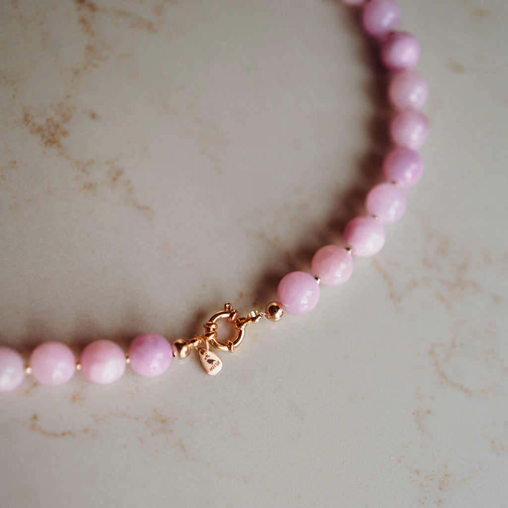 Collier Echte Jade - Rond Lila - met vergulde kralen