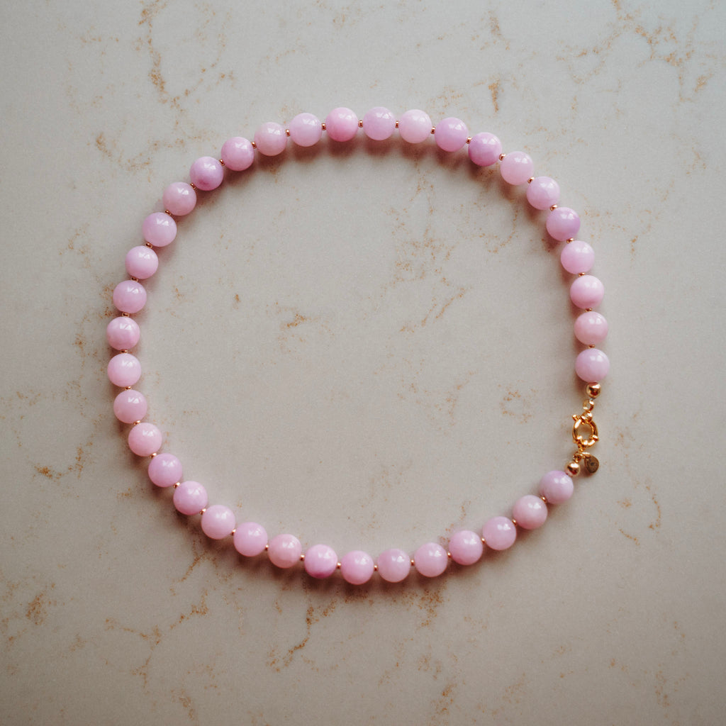 Collier Echte Jade - Rond Lila - met vergulde kralen