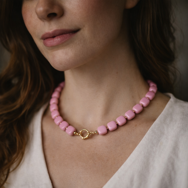 Collier Zwaantje - Vierkant Oudroze - met vergulde kralen